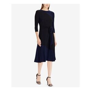 Ralph Lauren Size 8 Two Tone Belted Dress Blue Black 3/4 Sleeve Sophisticated